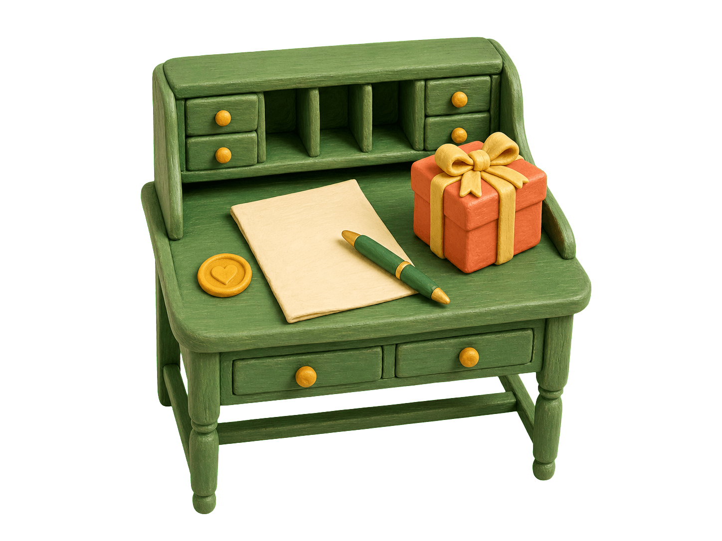 Clay gifter writing desk with a letter and gift