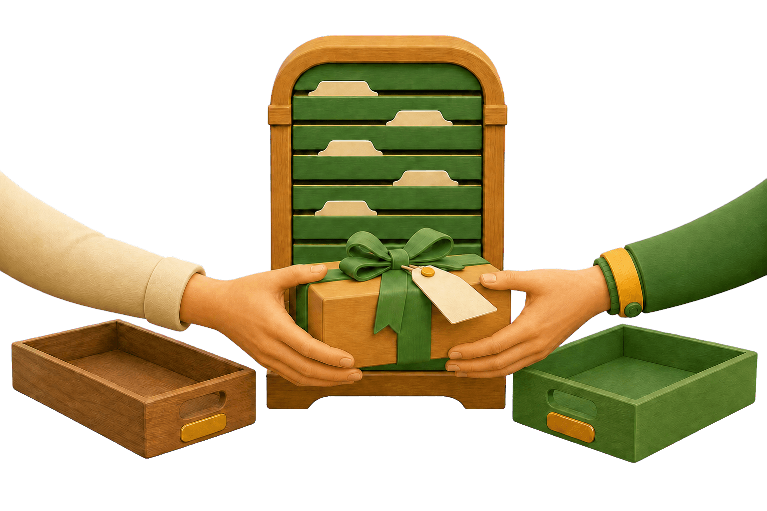 Clay gift share between shops beside a retained people cabinet