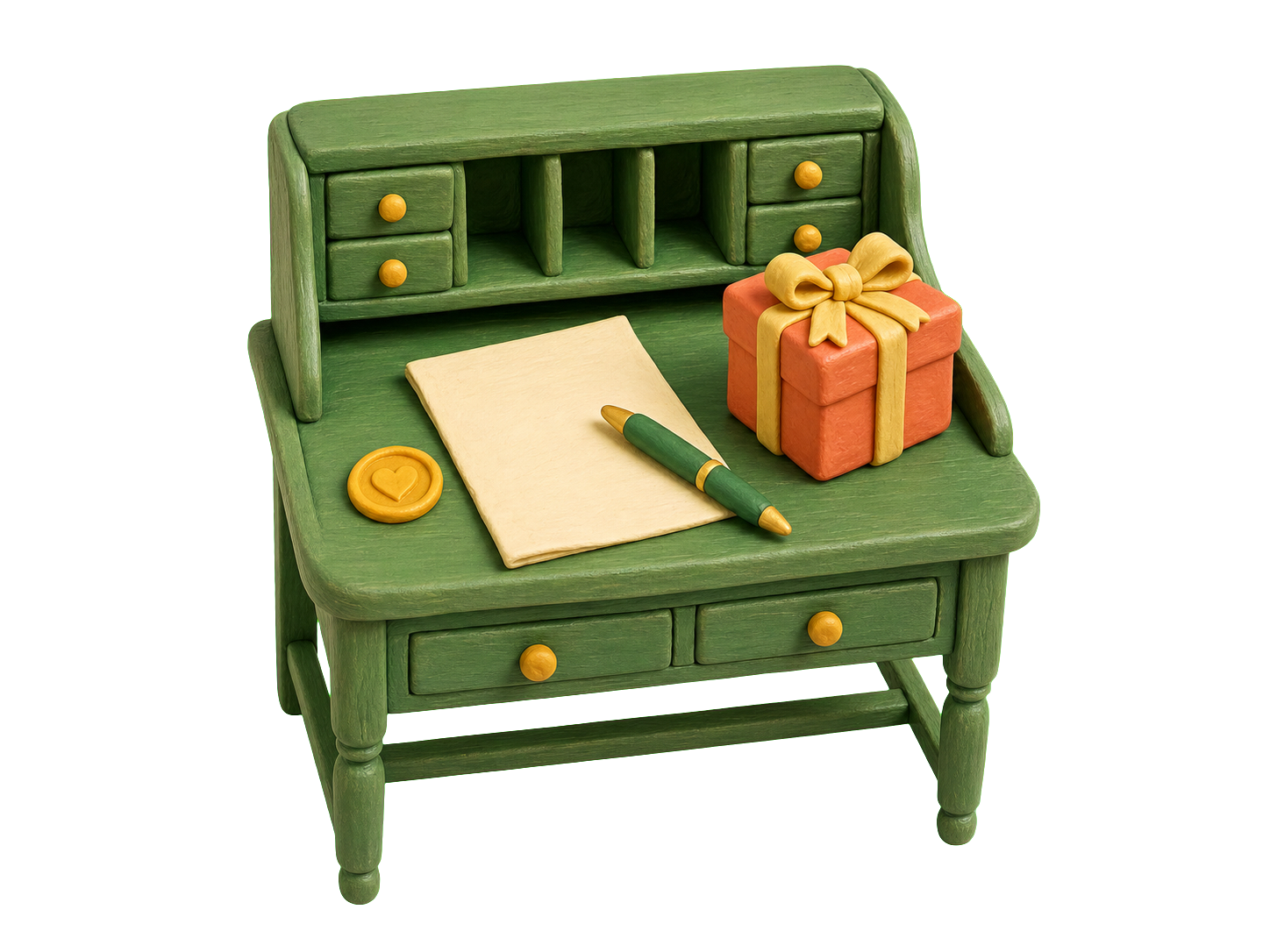 Clay gifter writing desk with a letter and gift